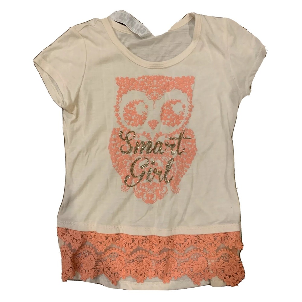 Beautees Girls Top New with Tags 6X Coral Owl Glitter Smart Girl Lace Flowers